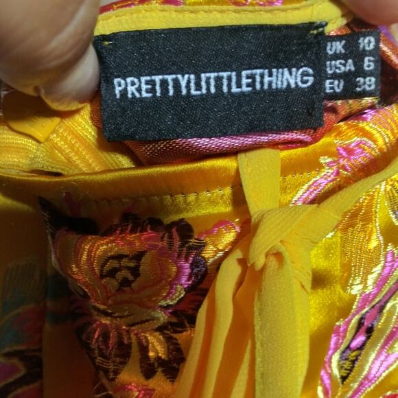 Pretty Little Thing Mustard Oriental Satin Bandeau Lace Up Dress Size 6 - Picture 8 of 8